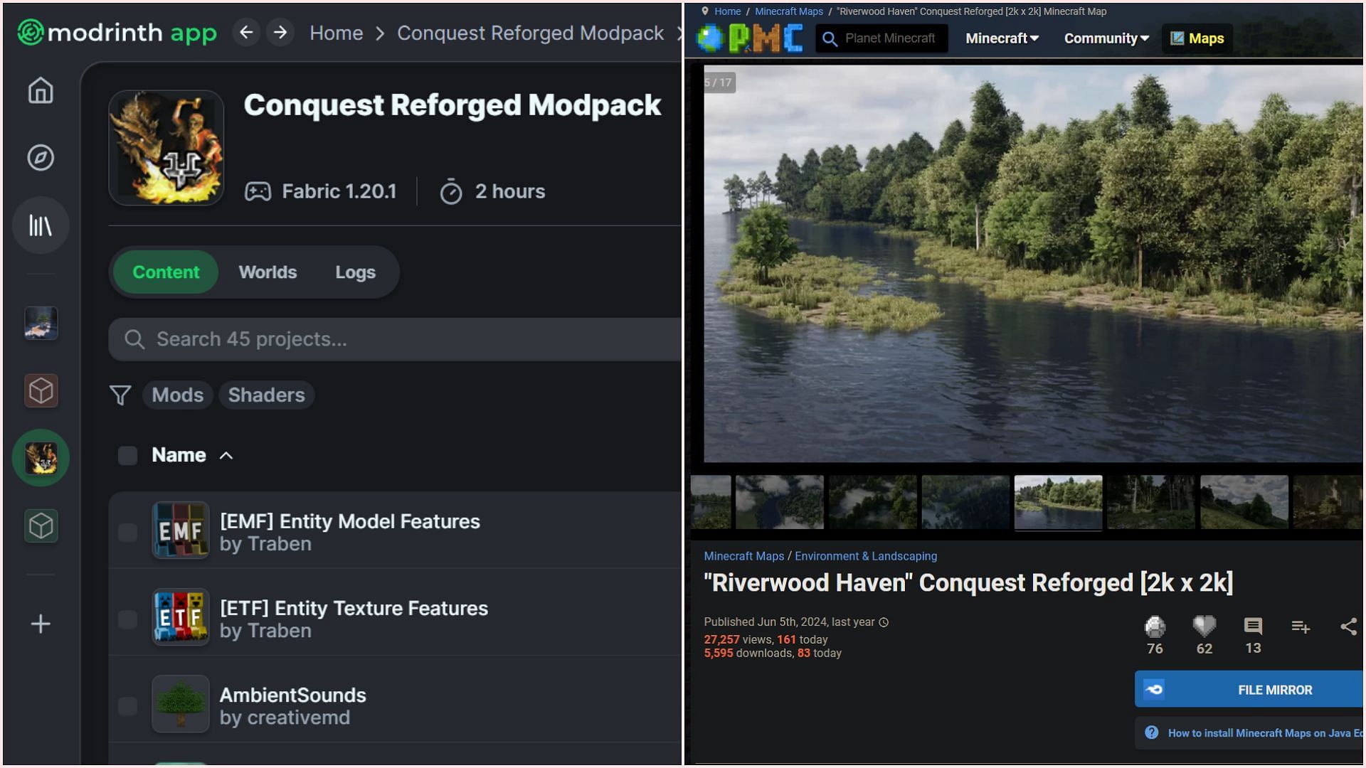 Modpack can be installed through the Modrinth App, while a custom world can be manually placed. (Image via Sportskeeda Gaming || Modrinth || PlanetMinecraft)